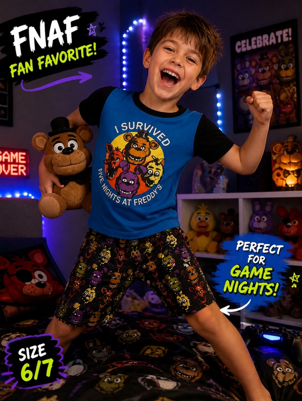 FNAF Boys Pajama Set Size 6/7 – Five Nights at Freddy’s 2PC Sleep Set Gamer PJs